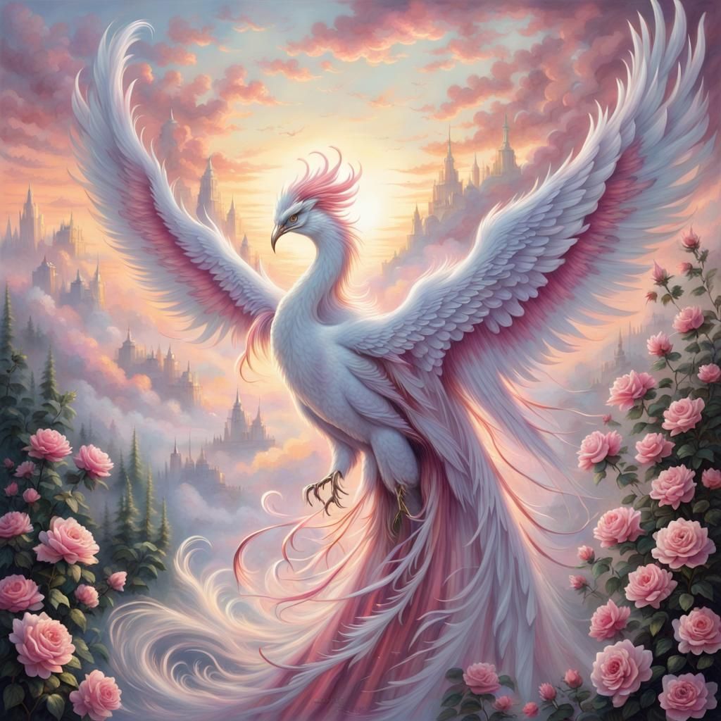 Elegant Phoenix with Crystal Wings in Sunset Sky