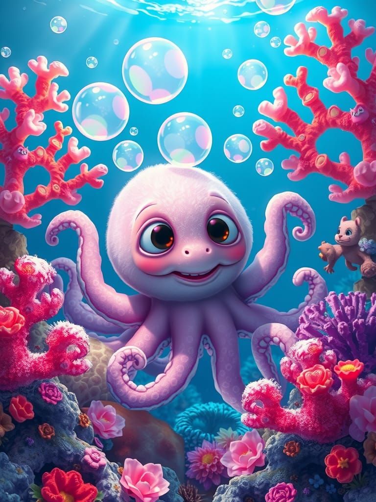 Playful Fluffy Octopus in Vibrant Coral Reef