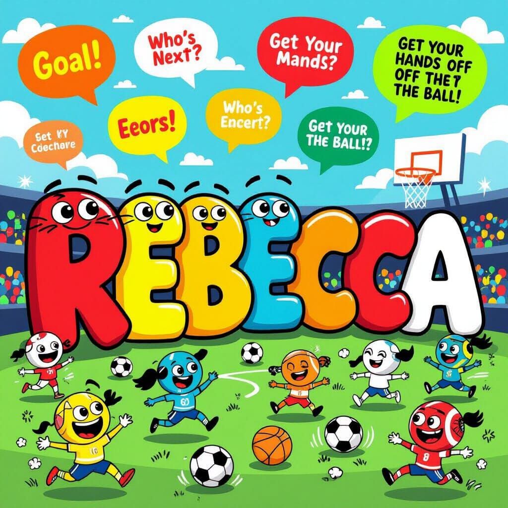 Rebecca Name Art with Cheerful Sports Ball Characters