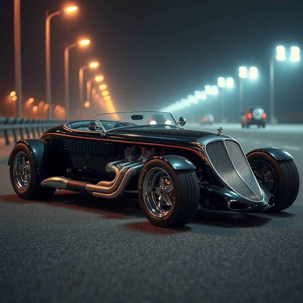 Spectacular Roadster with Fractal Inscriptions at Night