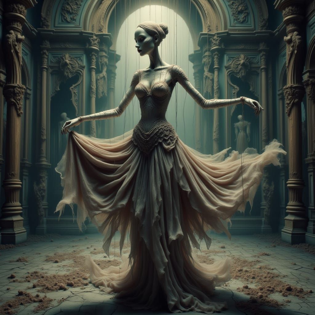 Art Deco Gown Woman Twirling in Moonlight Ballroom