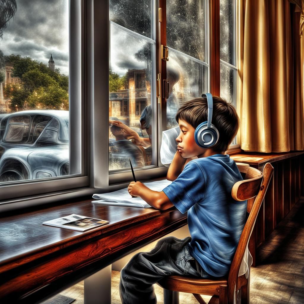 Boy Concentrates at Cafe Table, Hyperrealistic Image