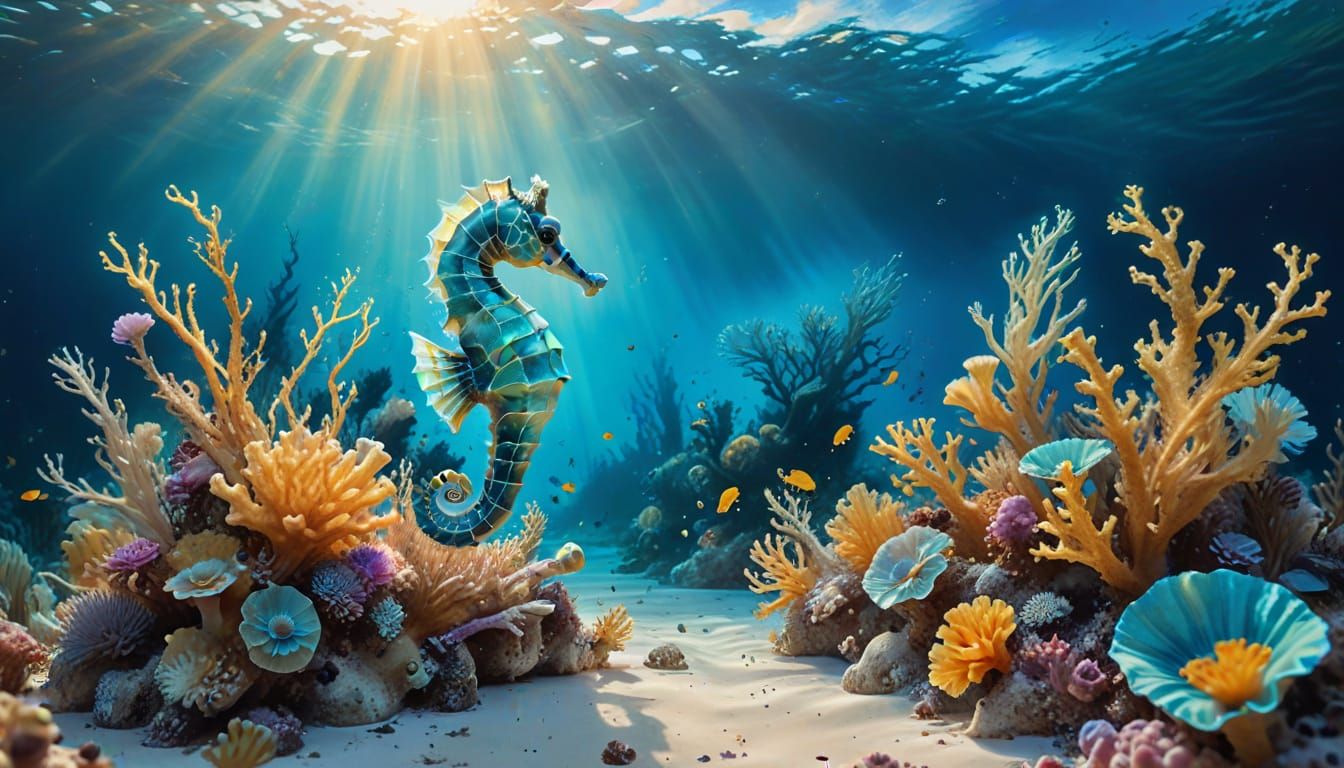 Seahorse Roaming Coral Reef in Watercolor Style