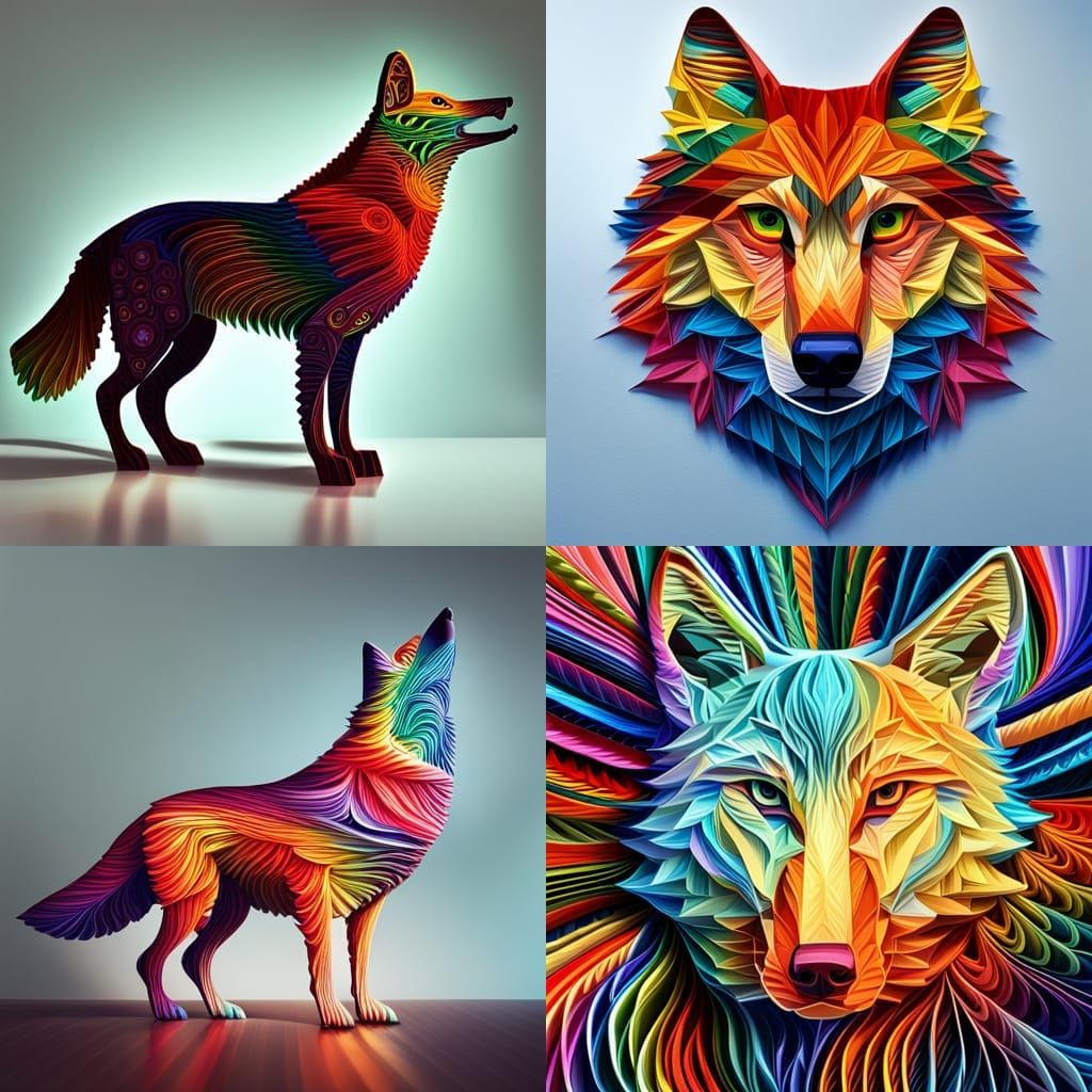 Rainbow Wolf Paper Sculpture in 3D