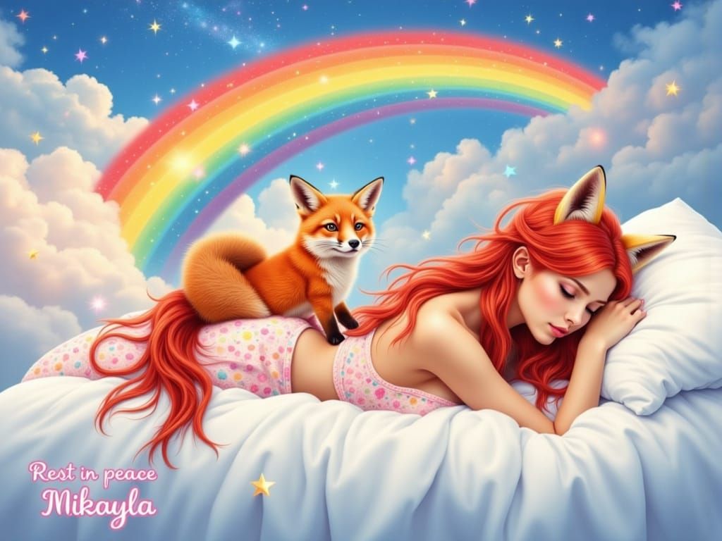 Woman with Fox on Cloud in Lo-fi Rainbow Sky