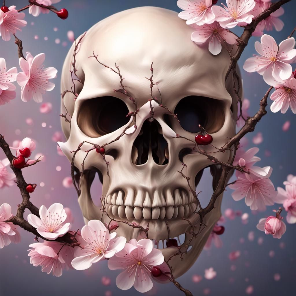 Skull with Cherry Blossoms: Hyperrealistic Dark Fantasy