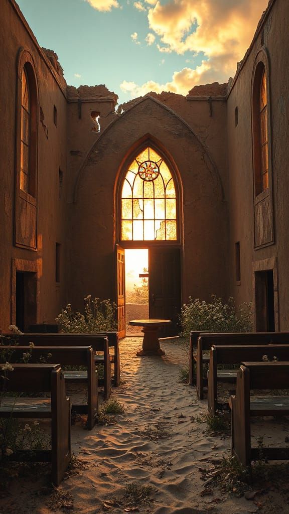 Desert Chapel at Sunset in Digital Matte Painting Style