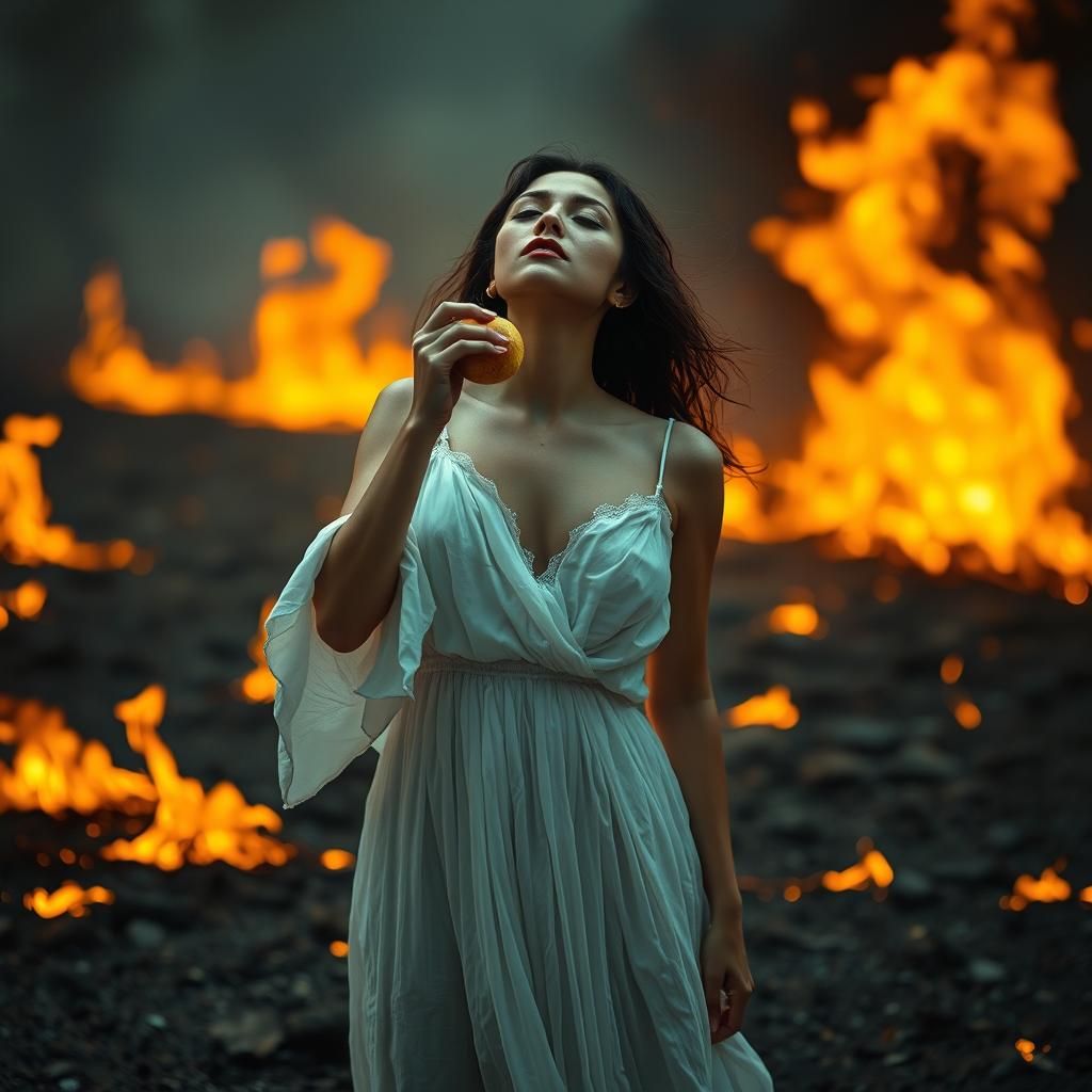 Woman Bites Forbidden Fruit in Burning Landscape