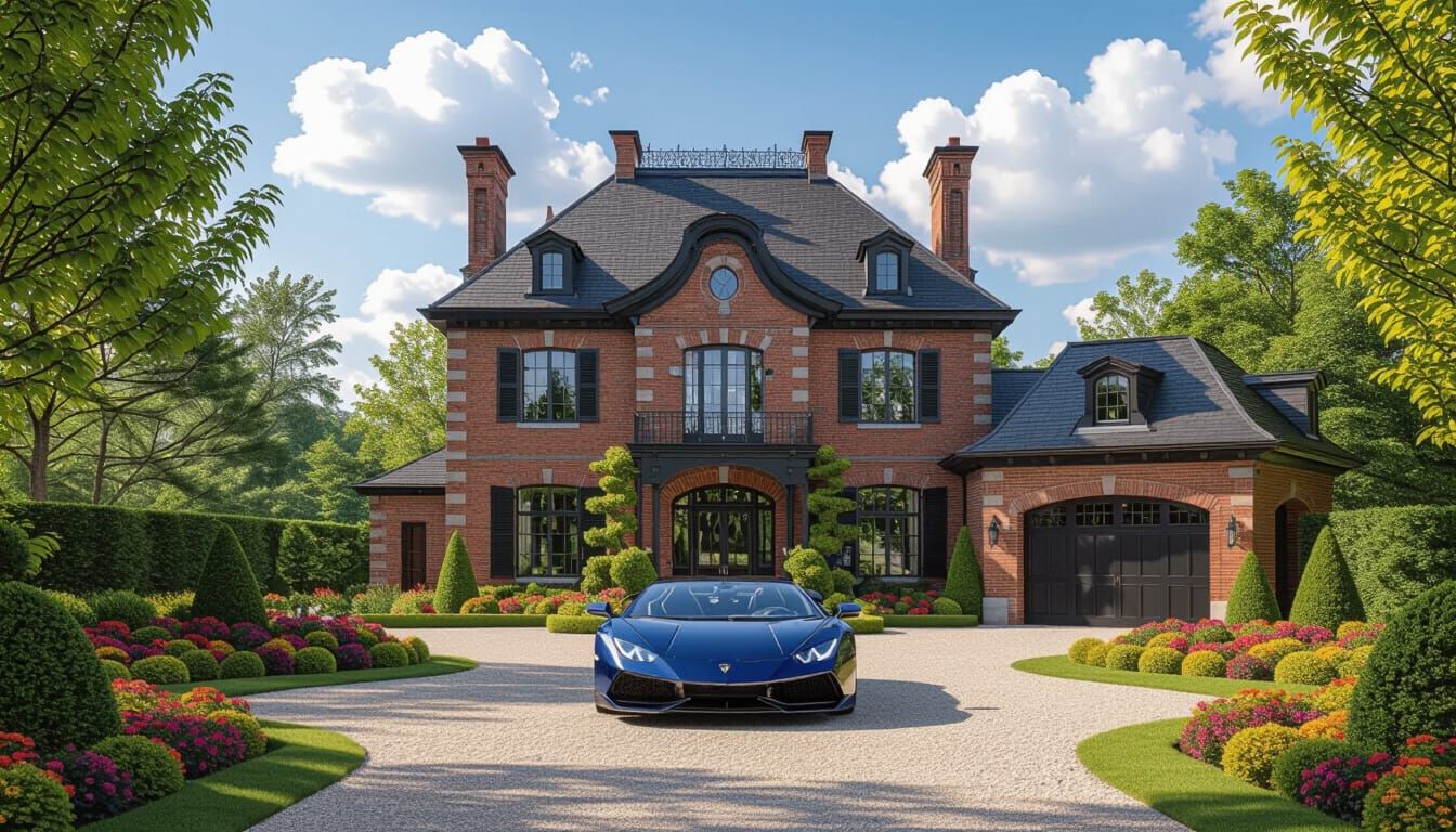 Victorian Chateau with Lamborghini in Summer Garden