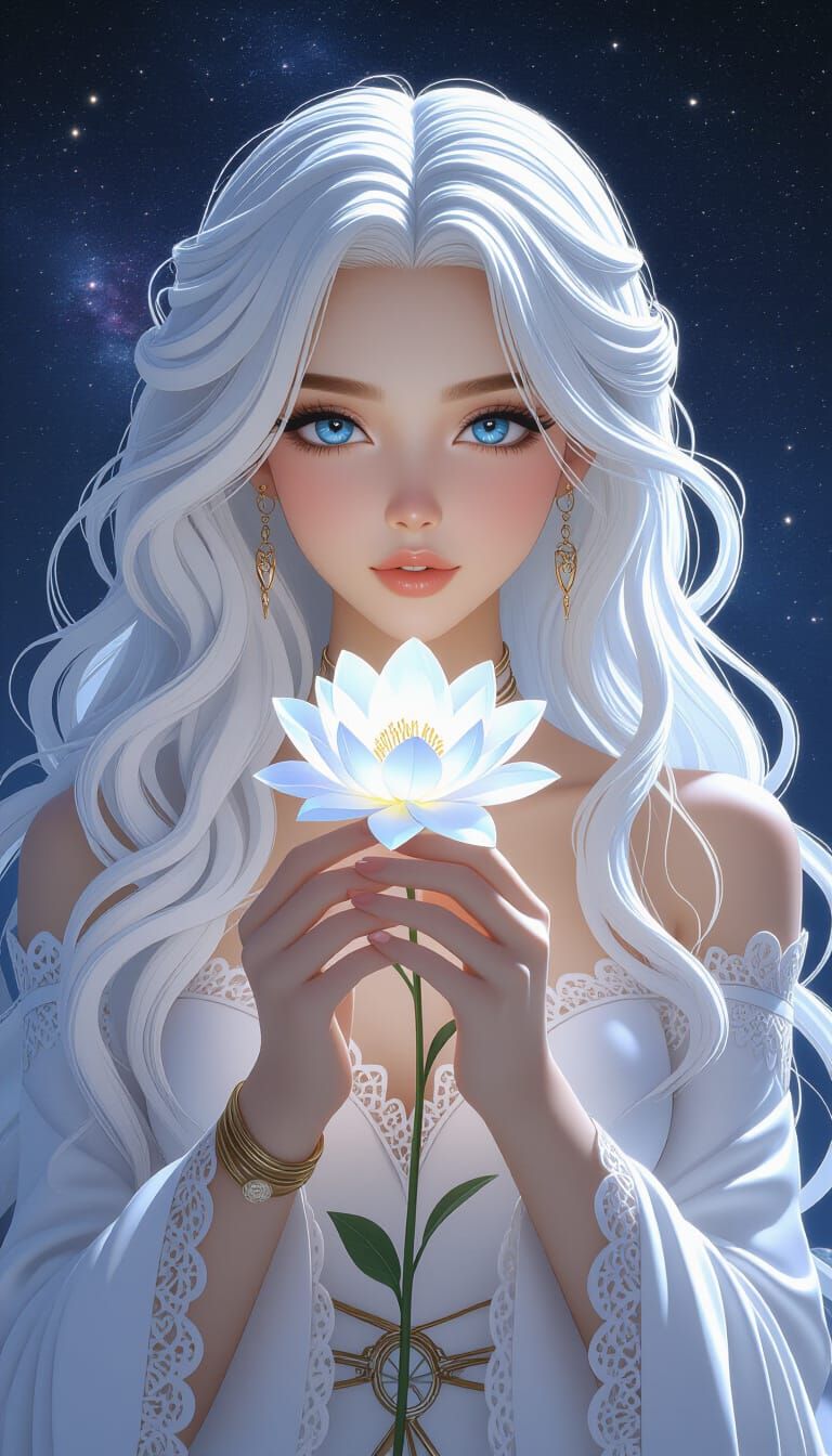 Stunning Woman with Glowing Flower in Manga Anime Style