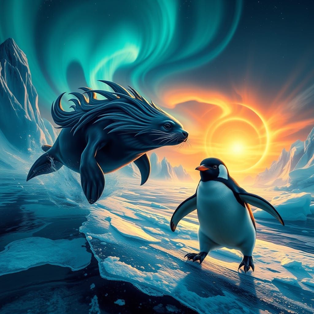 Majestic Sea Lion Pursues Penguin Across Icy, Auroral Landsc...