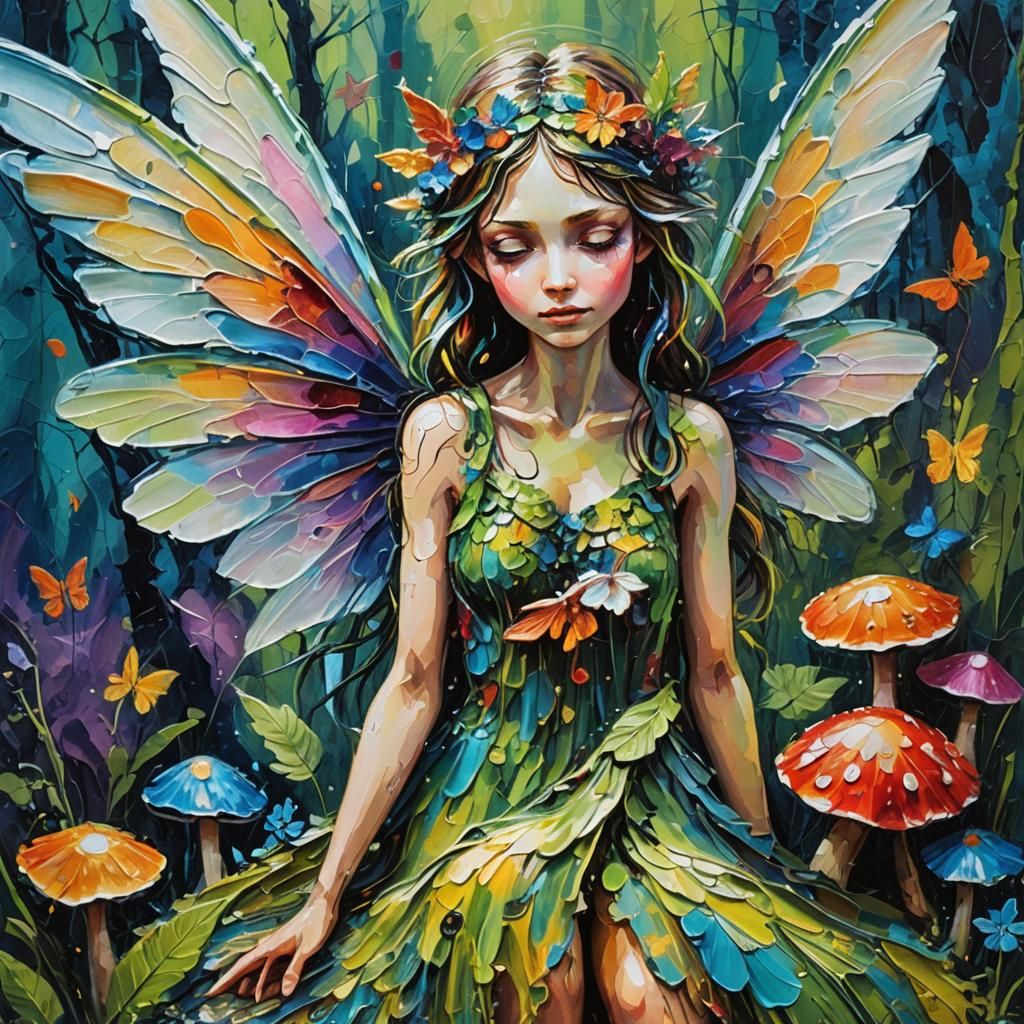 Mystical Fairy on Mushroom, Neo-Expressionist Painting