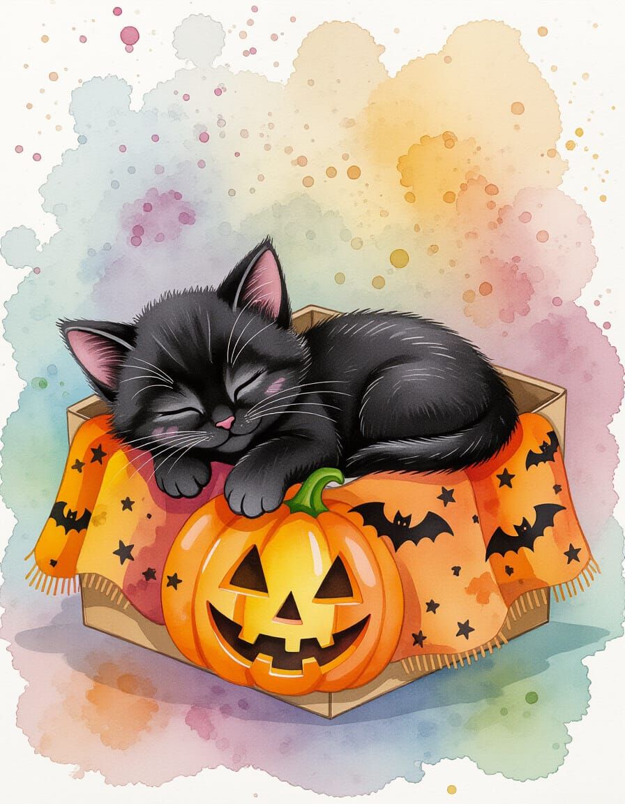 Cute Kitten Sleeping: Watercolor with Halloween Theme
