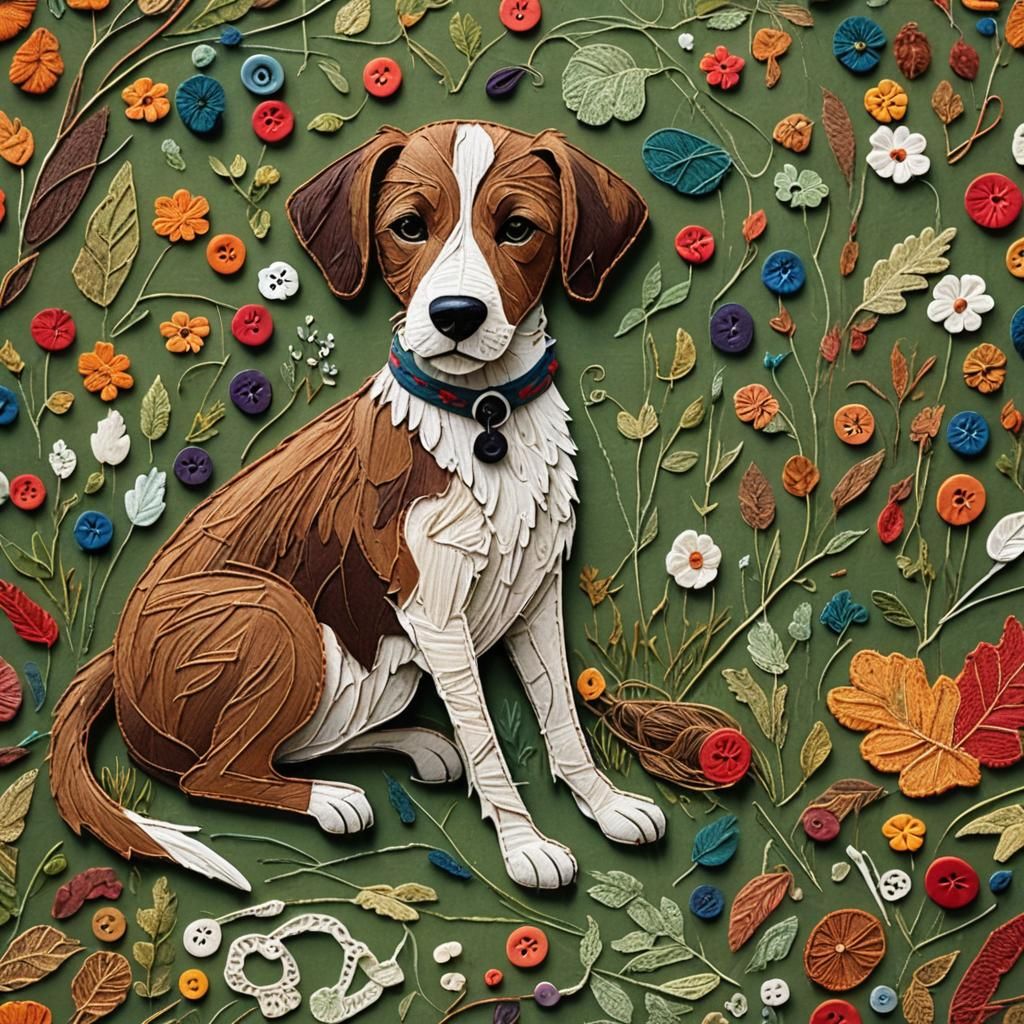Dog Sewing Fabric in Folk Art Style