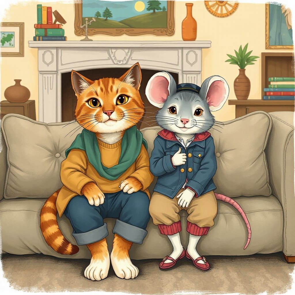 Cat and Mouse Friends on Couch in Cozy Living Room