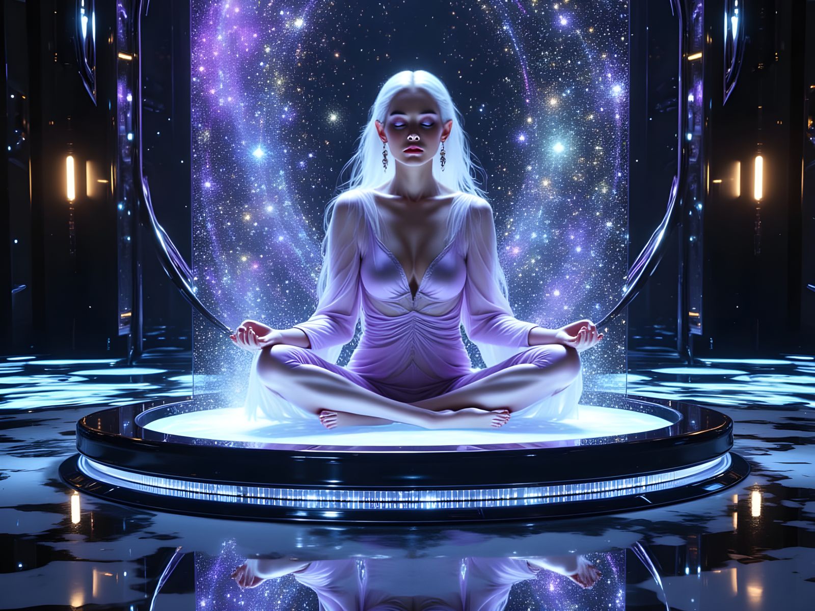 Elderly Woman on Nanobot Platform in Googie Futurism Style