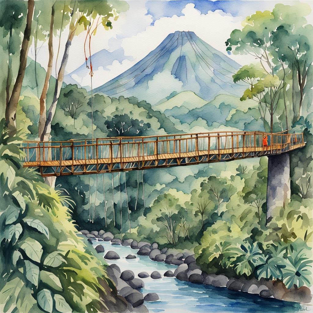 Arenal Hanging Bridge in Watercolor Style