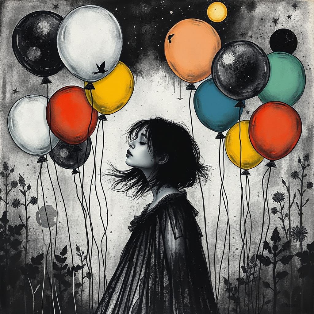 Woman Surrounded by Mystical Rainbow Balloons as Etching