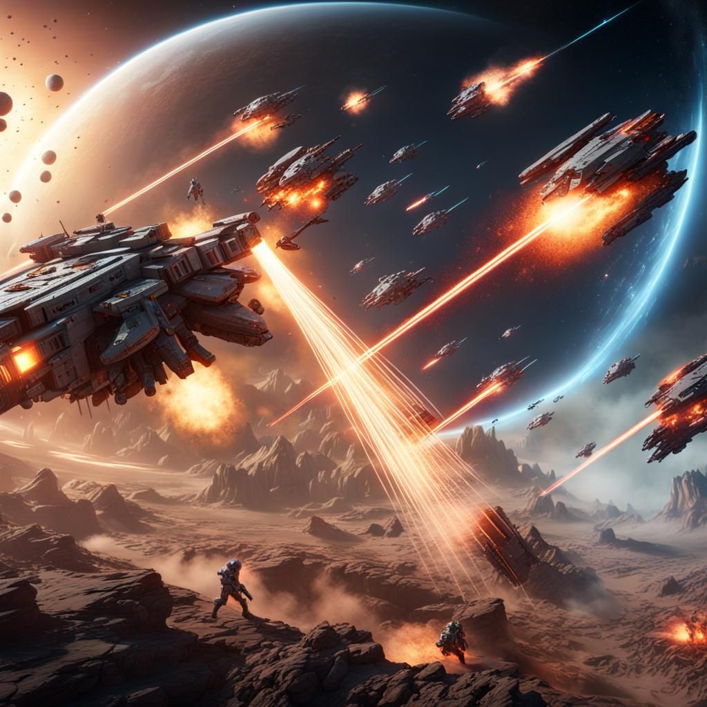 Epic Space Battle on Meteor in Detailed Matte Painting