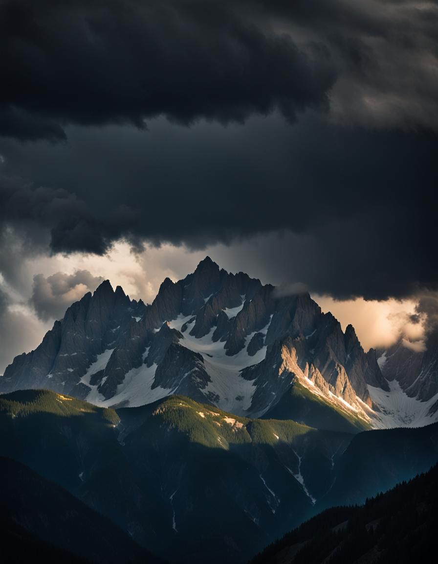 Dramatic Thunderstorm over Towering Mountain Peaks