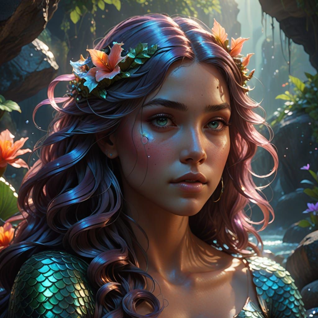 Mermaid Portrait with Bioluminescent Coral in Artgerm Style