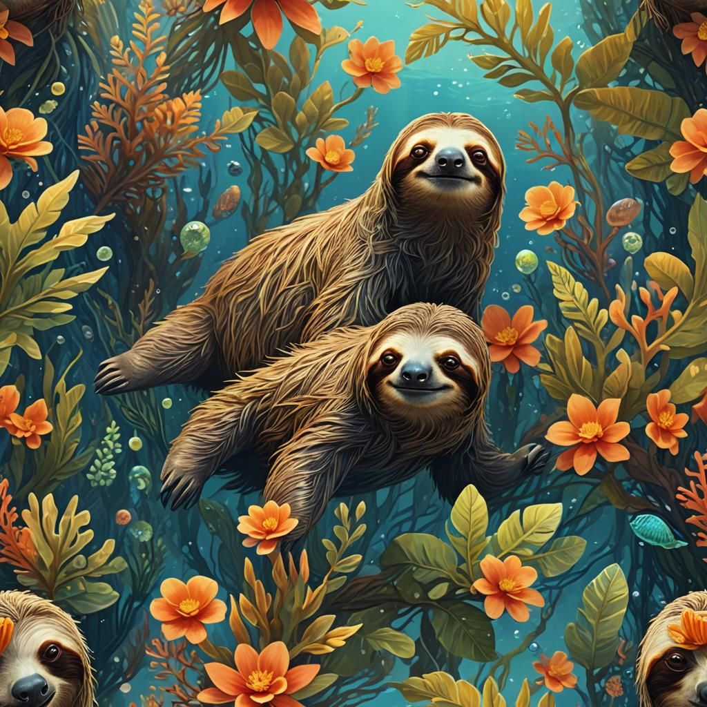 Sloth Swimming in a Vibrant Fantasy Ocean