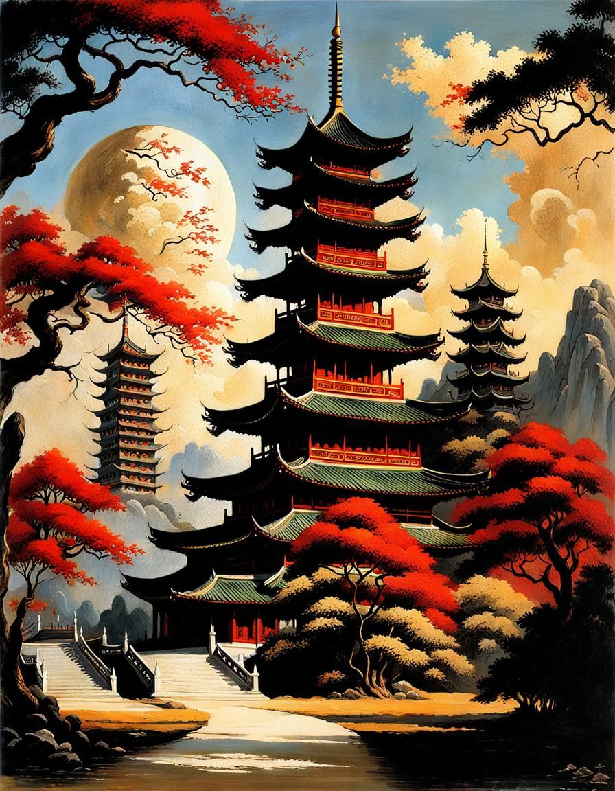 Epic Chinese Pagoda Landscape in Oil Painting Style