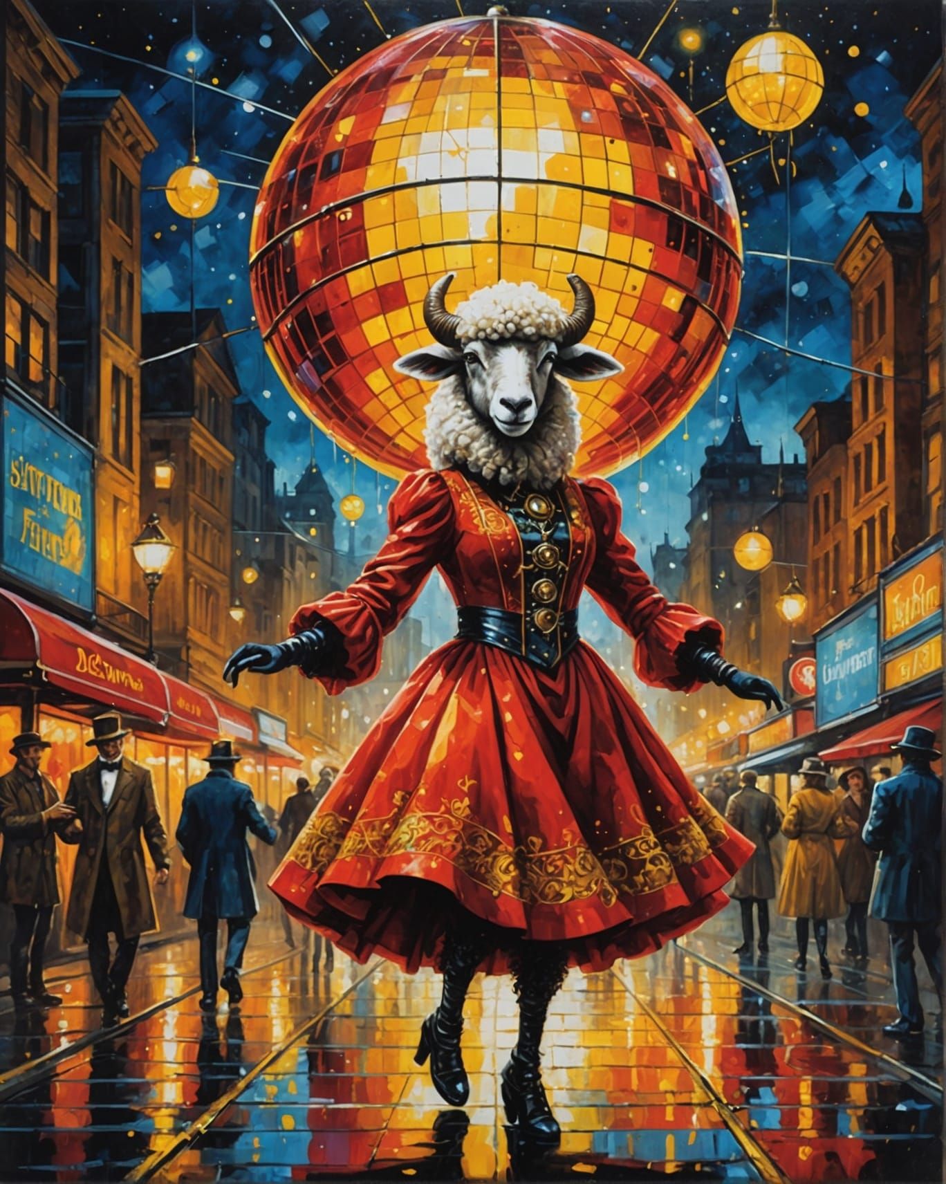 Steampunk Sheep Disco Dance in Oil Painting Style