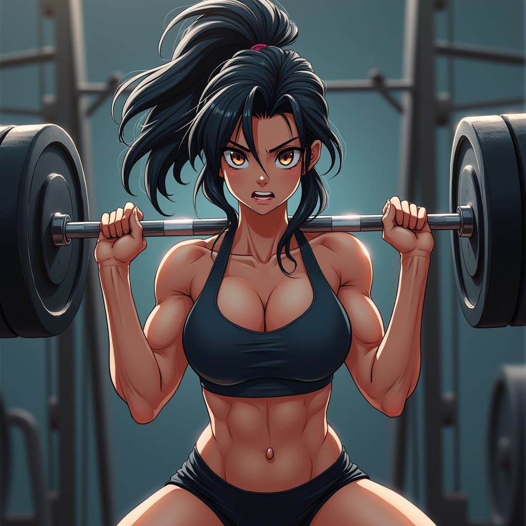 Anime-Inspired Goddess of Strength Lifting in a Blurred Gym