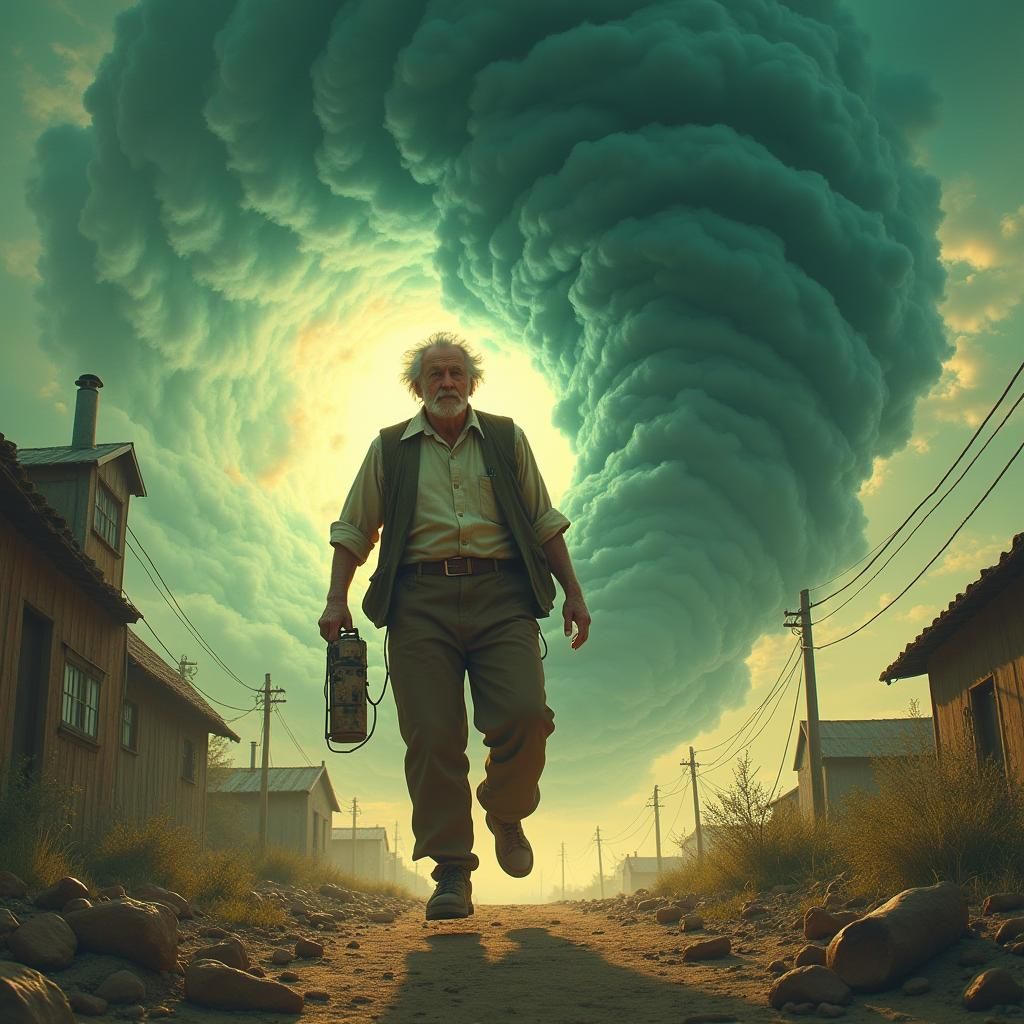 Elderly Man Swept Away by Twister in Japanese Art Style