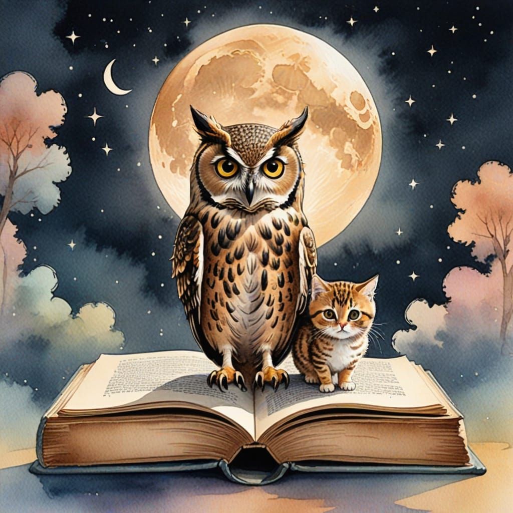 Owl and Kitten Sail to the Moon in Whimsical Watercolor