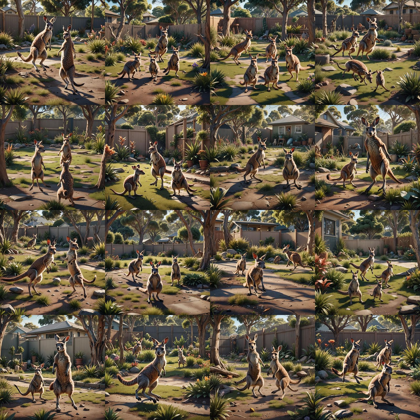 Joey Kangaroos Play in a Suburban Backyard