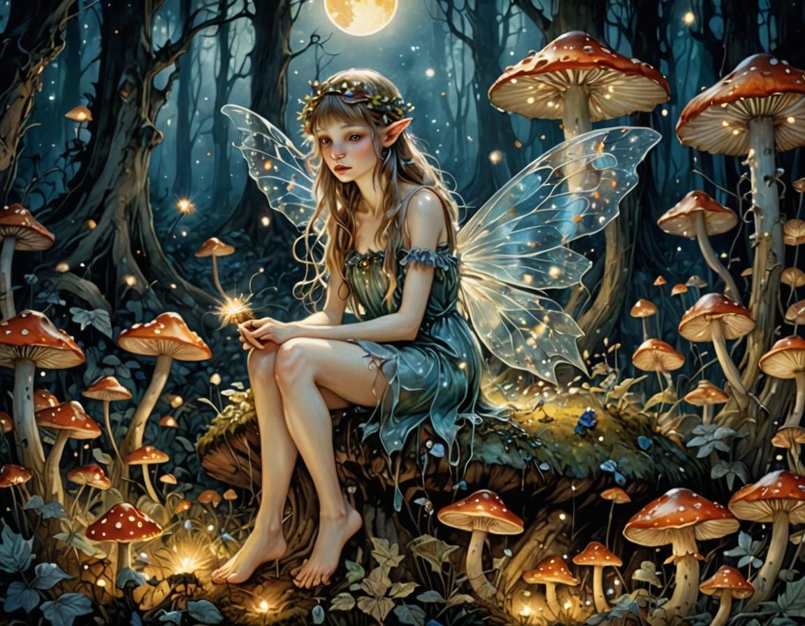 Fairy on Mushroom in Moonlit Forest