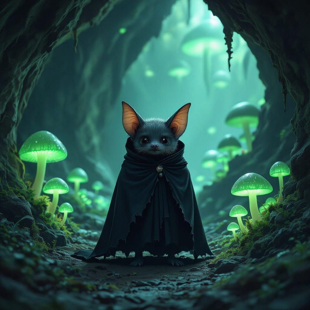 Mystical Bat Adventurer in Bioluminescent Cave
