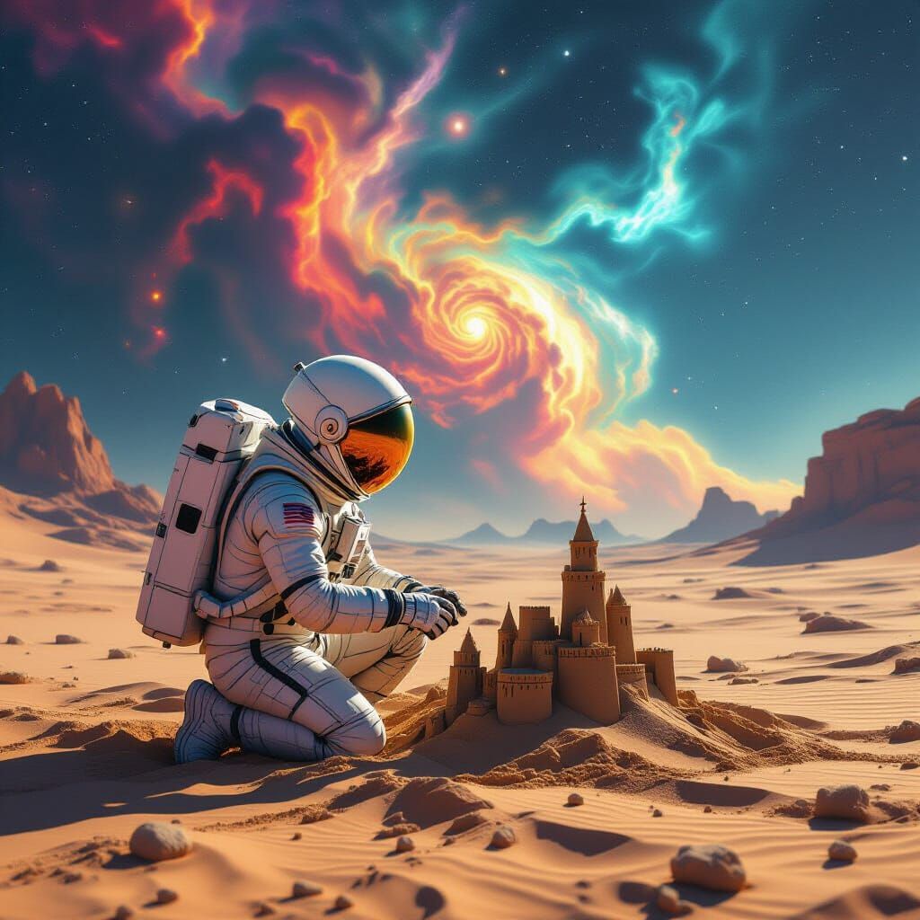 Astronaut Builds Sandcastle on Alien Planet Under Nebulae Sk...