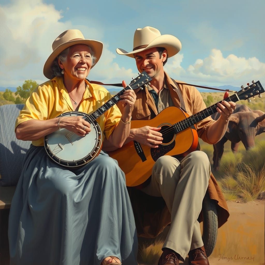 Elderly Gentleman in Silk Plays Banjo with Young Crocodile D...