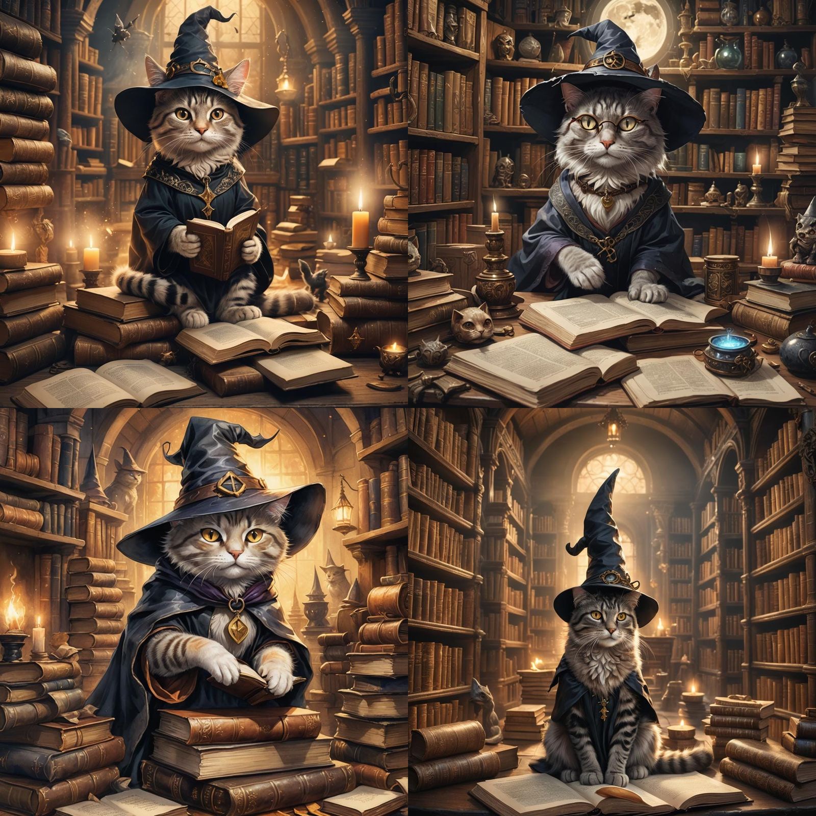 Enchanting Witch Cat Surrounded by Ancient Lore