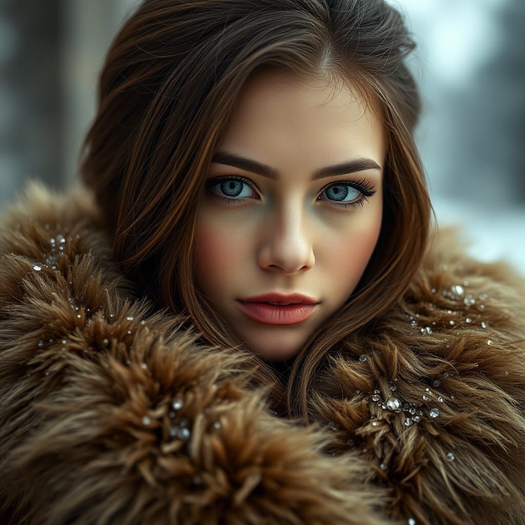 Attractive Woman in Fur Coat Winter Portrait