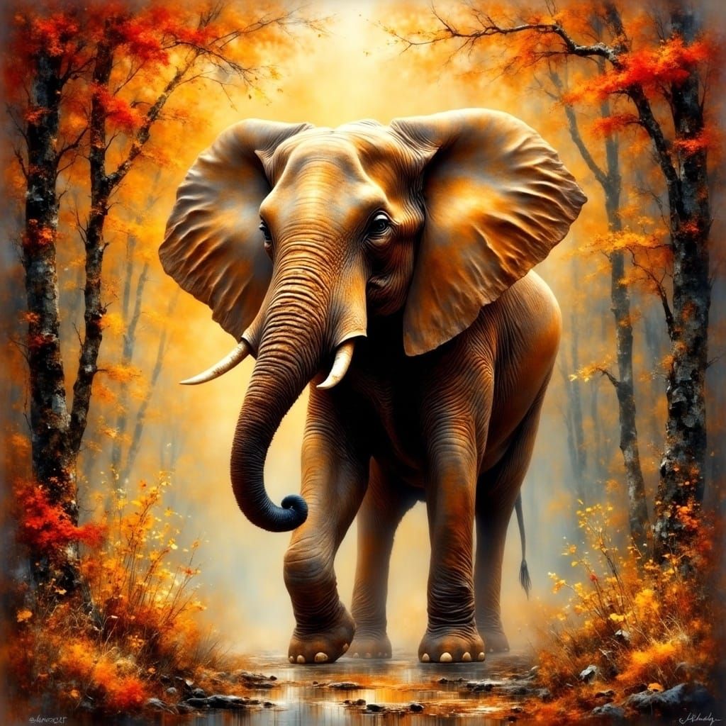 Ethereal Elephant in Autumnal Landscape