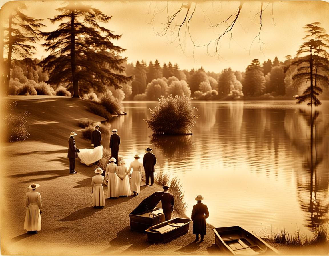 People in Casket Hats by the Lake: Vintage Photograph