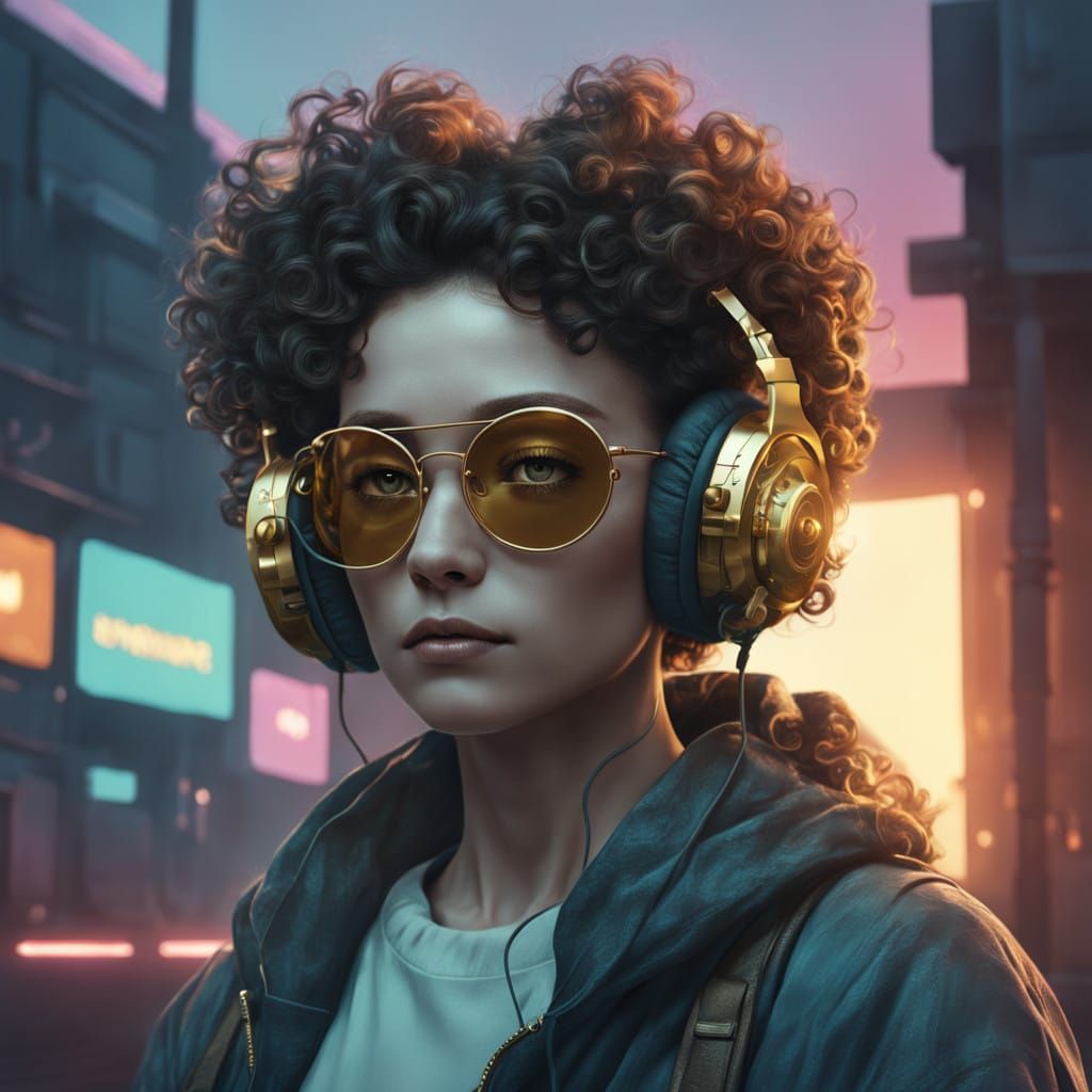 Golden Goddess with Fluffy Headphones in Ethereal Light