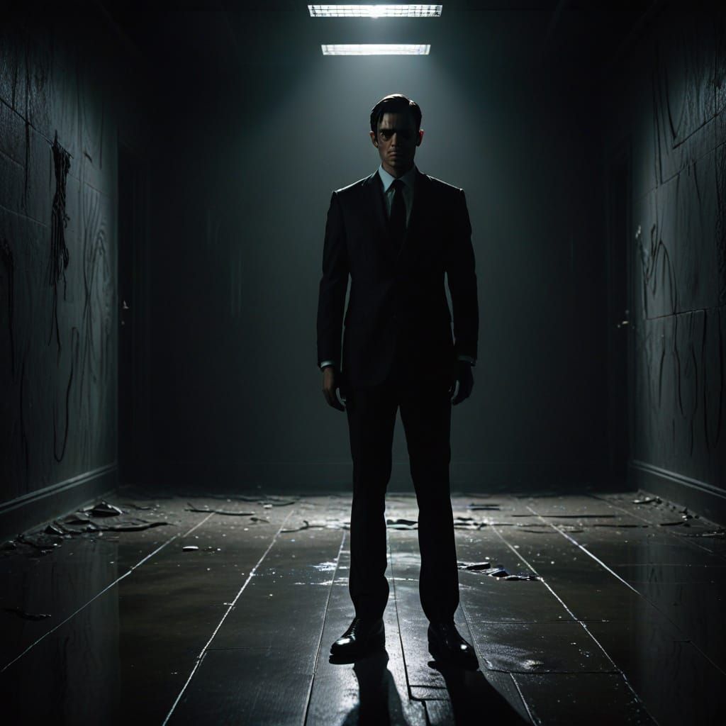 Men in Black Agent in Shadowy Room with Glowing Heart