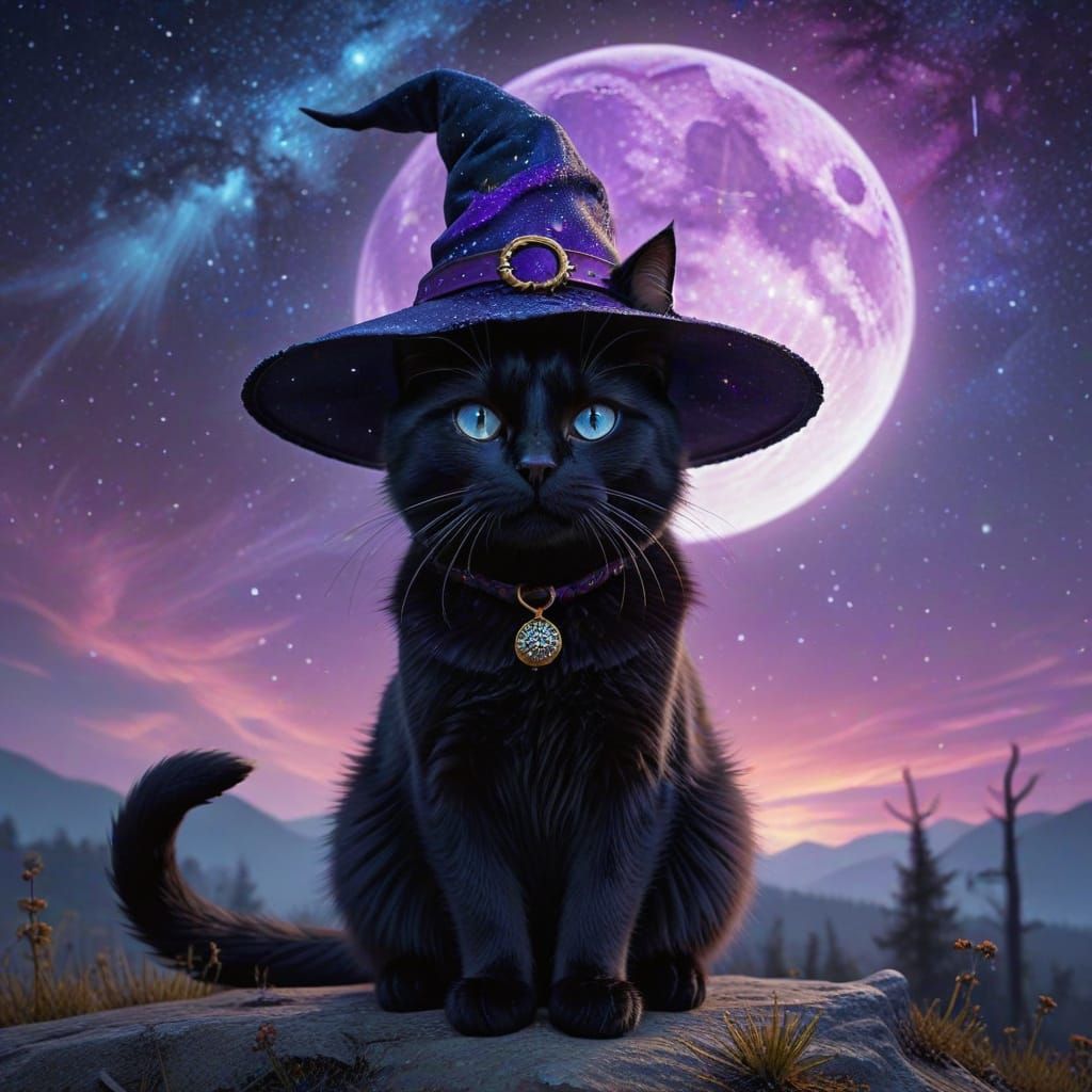 Black Cat Witch Poses Under Enchanted Moonlit Sky