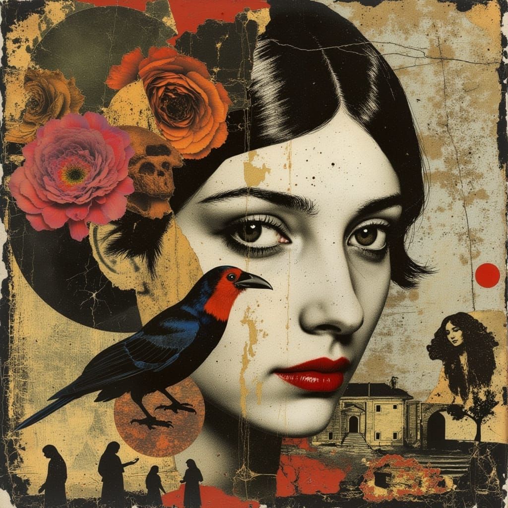 Cubist Woman with Bird and Flowers