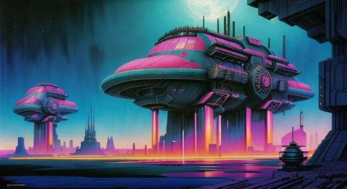 Surreal Fantasy Landscape in Retro Synth-Wave Style