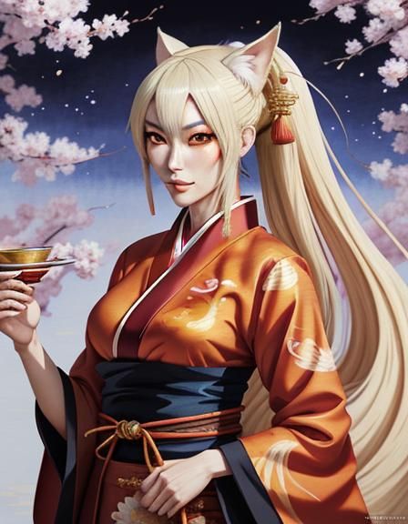 Kitsune woman wearing asian cloths  by artist "anime", Anime Key Visual, Japanese Manga, Pixiv, Zerochan, Anime art, Fan...