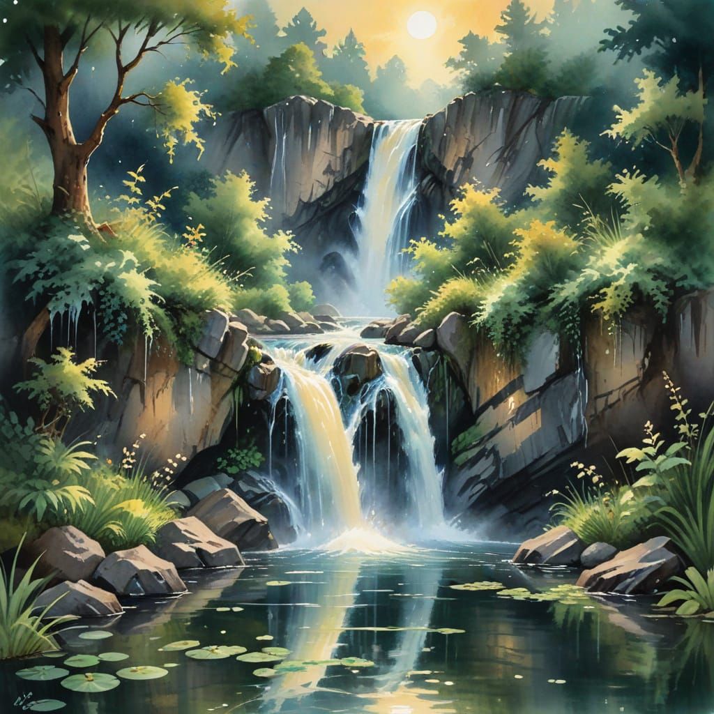 Watercolor Waterfall in Moonlight: Bob Ross Style