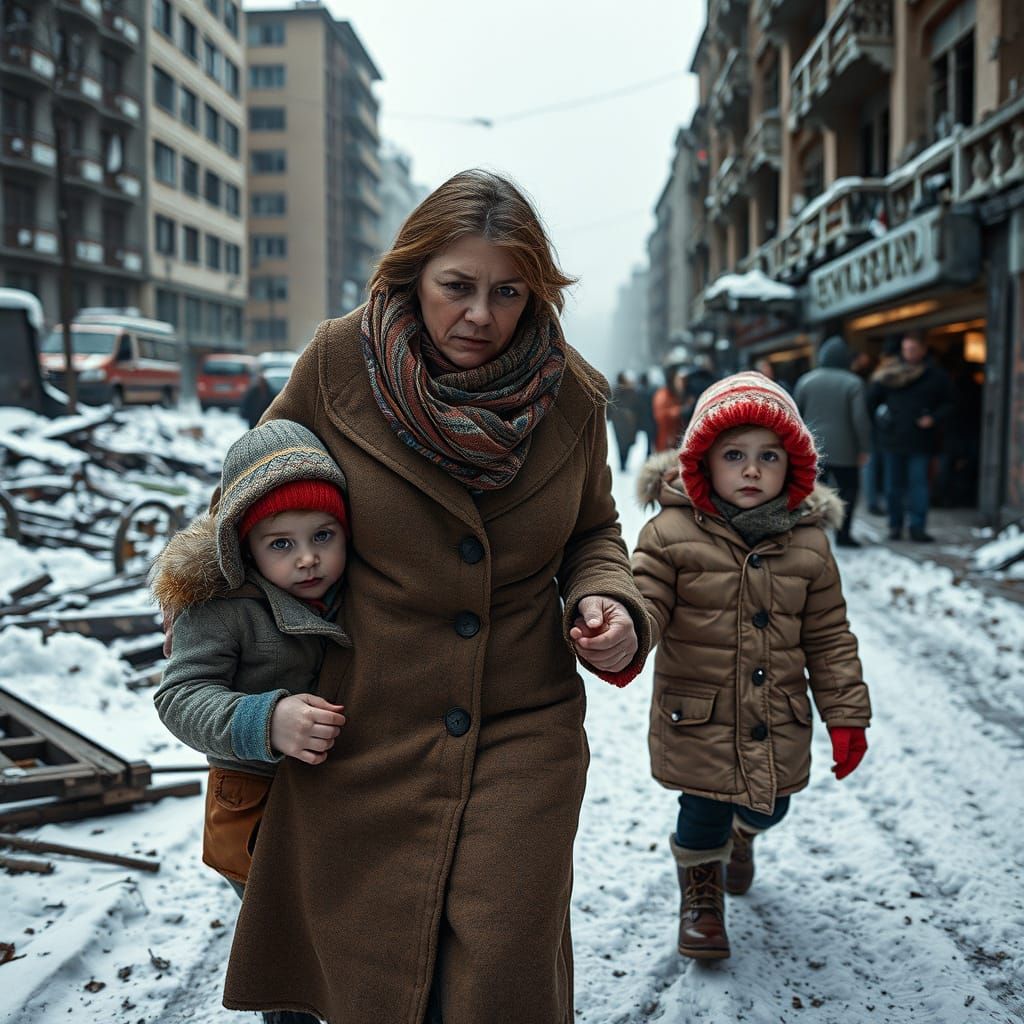 Ukrainian Mother Leads Children Through War-Torn Kyiv
