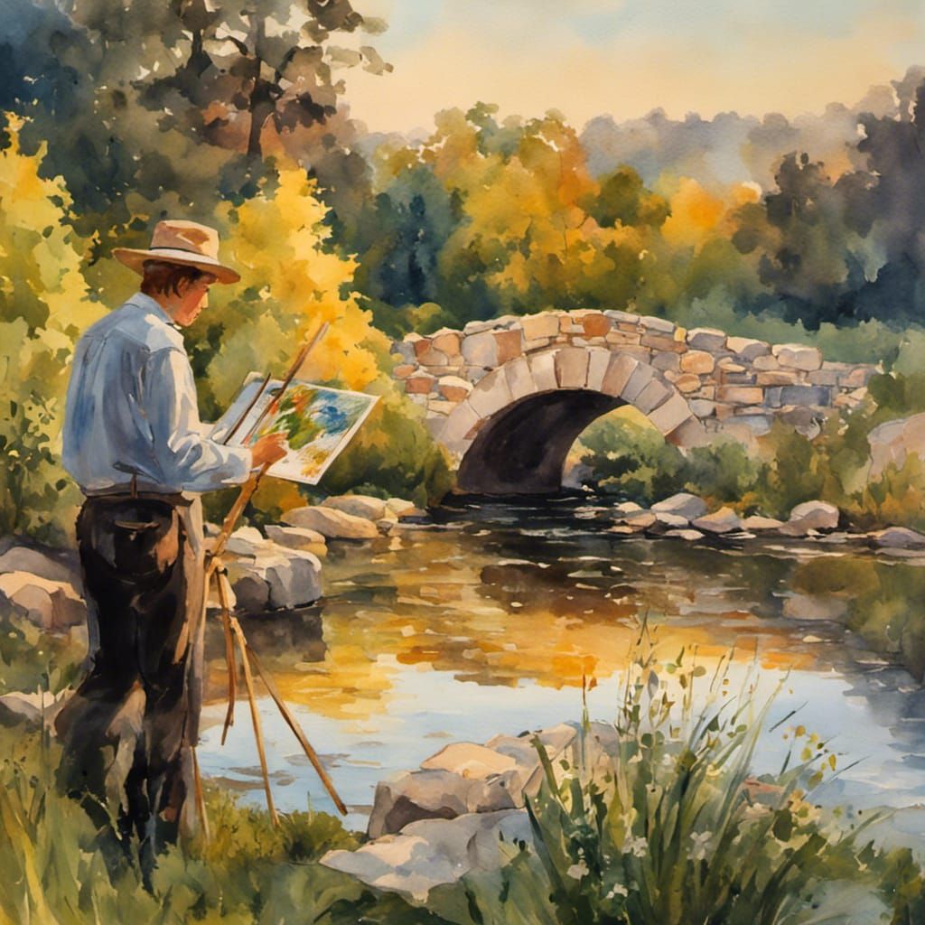 Impressionist Watercolor of Stone Bridge Landscape