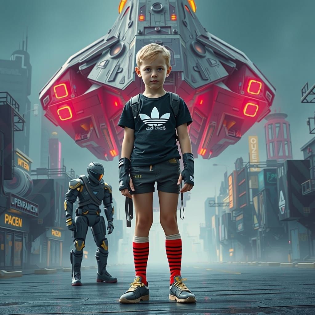 Boy in Cyberpunk City with Futuristic Soldier
